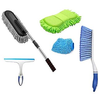                       Car Cleaning Combo Pack Microfiber Duster Carpet Brush Washing Scurb Glass Wiper Microfibre Gloves Full Interior and Exterior Cleaning Kit                                              