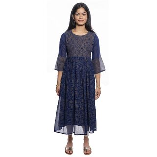Adah womens ankle length blue colour printed formal Gorgette gown - 10017