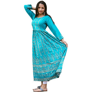 Adah womens peacock blue colour rayon fabric ankle length printed casual kurti-10038
