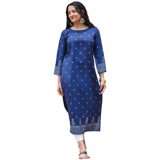 Adah womens persian blue colour rayon fabric calf length printed casual kurti-10039