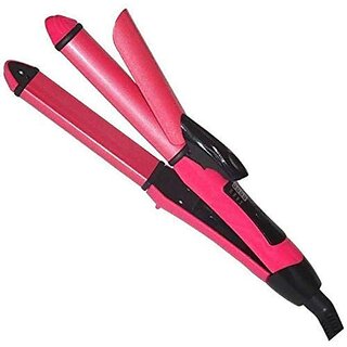                       New Type NHC-2009 Portable Mini Hair Straightener Hair In Pink Color With 2 in 1 Functional Item (Straight)-(Curly)                                              