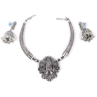                       Oxidize Leaf Choker With Earring For Women - VENK1OX500006                                              