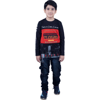                       Kid Kupboard Cotton Full-Sleeves T-Shirt For Boy's (7-8 Years, Black, Western Wear)                                              