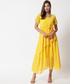 Raabta Women Yellow Georgette Western Wear Maxi Dress