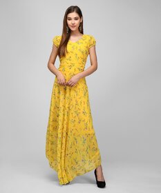 Raabta Women Yellow Georgette Western Wear Maxi Dress