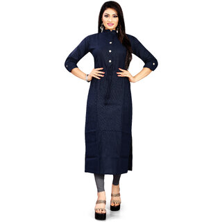                       BHAGYASHRAY Women Blue Cotton Designer kurtas Sleeves High Neck Trending Long Kurti                                              