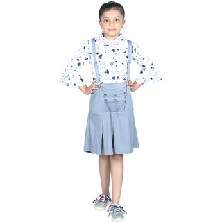                       Kid Kupboard Top and Skirt For Girl's (7-8 Years, White  Blue, Ethnic Wear, Cotton)                                              