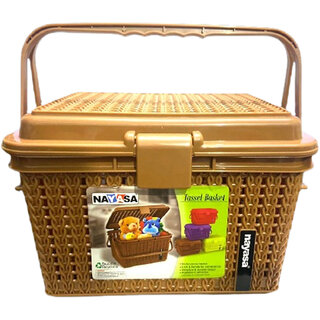                       Mannat Multipurpose Plastic Storage Basket with Handle for Puja,clothes,Toys,Book Storage Basket (Set of 1,Brown)                                              