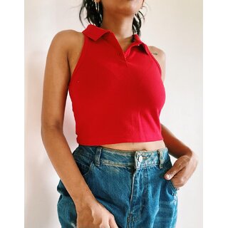                       Red Sleeveless Trendy Polo Neck Crop Top                                              