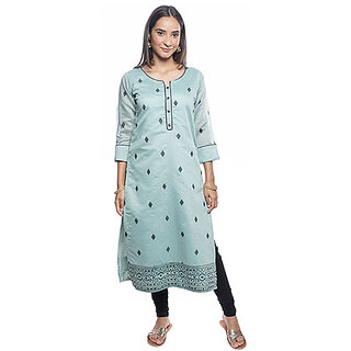 Adah womens green colour chanderi fabric casual printed kurti- 10002