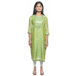 Adah womensmirrorwork chanderi fabric green colour festivalwear straight kurti- 10004
