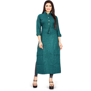                       BHAGYASHRAY Women Teal Cotton Designer kurtas Sleeves High Neck Trending Long Kurti                                              