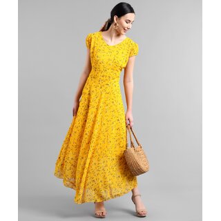                       Raabta Fashion Women Yellow Georgette Western Wear Maxi Dress                                              