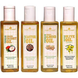 PARK DANIEL Premium Virgin Coconut oil, Olive Oil and Castor oil and Sweet Almond oil Combo of 4 bottles of 100 ml(400ml) (400 ml) PARK DANIEL Premium Virgin Coconut oil, Olive Oil and Castor oil and Sweet Almond oil Combo of 4 bottles of 100 ml(400ml) (400 ml)