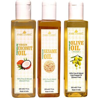 PARK DANIEL Extra Light Olive oil, Virgin Coconut oil and Sesame oil Combo pack of 3 bottle of 200 ml(600 ml) (600 ml) PARK DANIEL Extra Light Olive oil, Virgin Coconut oil and Sesame oil Combo pack of 3 bottle of 200 ml(600 ml) (600 ml)