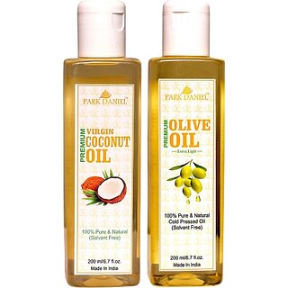 PARK DANIEL Virgin Coconut oil and Olive Oil - Pure and Natural Combo pack of 2 bottles of 200 ml(400 ml) (400 ml) PARK DANIEL Virgin Coconut oil and Olive Oil - Pure and Natural Combo pack of 2 bottles of 200 ml(400 ml) (400 ml)