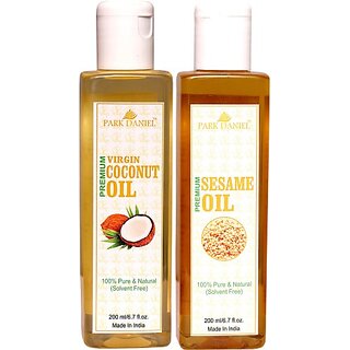                       PARK DANIEL Virgin Coconut oil and Virgin Sesame Oil - Pure and Natural Combo pack of 2 bottles of 200 ml(400 ml) (400 ml)                                              