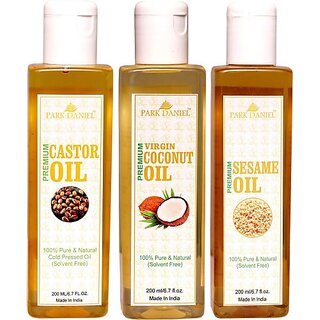                       PARK DANIEL Premium Castor oil, Virgin Coconut oil and Sesame oil- Pure and Natural Combo pack of 3 bottle of 200 ml(600 ml) (600 ml)                                              
