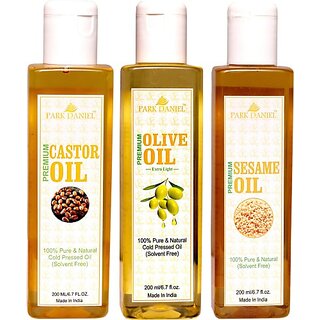 PARK DANIEL Premium Castor oil, Extra light Olive oil and Sesame oil- Pure and Natural Combo pack of 3 bottle of 200 ml(600 ml) (600 ml) PARK DANIEL Premium Castor oil, Extra light Olive oil and Sesame oil- Pure and Natural Combo pack of 3 bottle of 200 ml(600 ml) (600 ml)