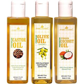 PARK DANIEL Premium Castor oil, Extra light Olive oil and Virgin Coconut oil- Pure and Natural Combo pack of 3 bottle of 200 ml(600 ml) (600 ml) PARK DANIEL Premium Castor oil, Extra light Olive oil and Virgin Coconut oil- Pure and Natural Combo pack of 3 bottle of 200 ml(600 ml) (600 ml)