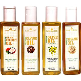                       PARK DANIEL Premium Virgin Coconut oil, Olive Oil and Sesame oil and Castor oil Combo of 4 bottles of 100 ml(400ml) (400 ml)                                              