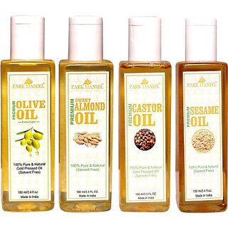 PARK DANIEL Premium Castor oil, Olive Oil and Sesame oil and Sweet Almond oil Combo of 4 bottles of 100 ml(400ml) (400 ml) PARK DANIEL Premium Castor oil, Olive Oil and Sesame oil and Sweet Almond oil Combo of 4 bottles of 100 ml(400ml) (400 ml)