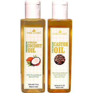 PARK DANIEL Virgin Coconut oil and Castor Oil - Pure and Natural Combo pack of 2 bottles of 200 ml(400 ml) (400 ml) PARK DANIEL Virgin Coconut oil and Castor Oil - Pure and Natural Combo pack of 2 bottles of 200 ml(400 ml) (400 ml)
