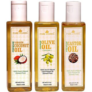                       PARK DANIEL Premium Virgin Coconut oil, Olive oil and Castor oil combo of 3 bottles of 100 ml(300ml) (300 ml)                                              