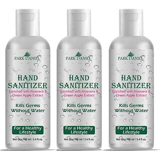                       PARK DANIEL  Kills 99.9% Germs without Water Enriched with Aloe Vera & Green Apple Extract Combo Pack of 3 bottles of 100 ml(300 ml) Hand Sanitizer Bottle (3 x 100 ml)                                              