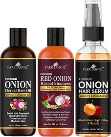 PARK DANIEL Premium Onion Herbal Oil, Red Onion Shampoo & Onion Hair Serum - For Silky & Smooth Hair Combo Pack 3 Bottle of 100 ml(300 ml) (3 Items in the set)