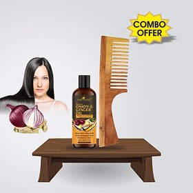 PARK DANIEL Premium Onion & Ginger Oil Hair OiL (100 ml) & Natural & Ecofriendly Handmade Neem Wooden Dressing Handle Comb(7.5 inches) 1 Pc - Pack of 2 Item (2 Items in the set)