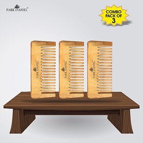 PARK DANIEL Natural & Ecofriendly Handmade Medium Detangler Neem Wooden Comb(5.5 inches)- For Stimulate Hair growth and Antidandruff Unisex pack of 3 Pcs ()