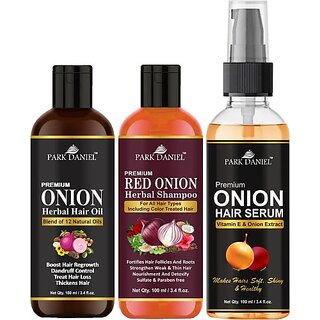 PARK DANIEL Premium Onion Herbal Oil, Red Onion Shampoo & Onion Hair Serum - For Silky & Smooth Hair Combo Pack 3 Bottle of 100 ml(300 ml) (3 Items in the set)