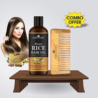                       PARK DANIEL Premium Brown Rice Hair Oil (200ml) & Handmade Medium Detangler Neem Wooden Comb(5.5 inches) 1 Pc - Pack of 2 Item (2 Items in the set)                                              