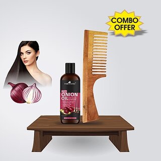                       PARK DANIEL Premium Red Onion Oil Hair Oil (100 ml) & Natural & Ecofriendly Handmade Neem Wooden Dressing Handle Comb(7.5 inches) 1 Pc - Pack of 2 Item (2 Items in the set)                                              