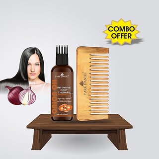                       PARK DANIEL Premium Onion Intensive Root Therapy Hair OiL (100 ml) & Handmade Medium Detangler Neem Wooden Comb(5.5 inches) 1 Pc - Pack of 2 Item (2 Items in the set)                                              