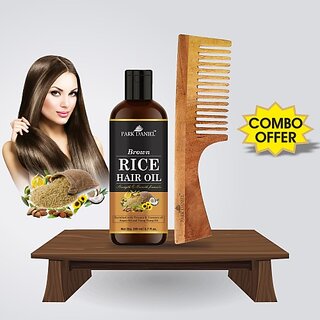                       PARK DANIEL Premium Brown Rice Hair Oil (200ml) & Natural & Ecofriendly Handmade Neem Wooden Dressing Handle Comb(7.5 inches) 1 Pc - Pack of 2 Item (2 Items in the set)                                              