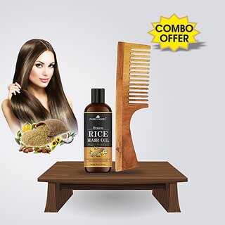                       PARK DANIEL Premium Brown Rice Hair Oil (100 ml) & Natural & Ecofriendly Handmade Neem Wooden Dressing Handle Comb(7.5 inches) 1 Pc - Pack of 2 Item (2 Items in the set)                                              