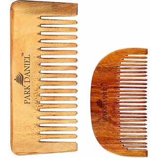                       PARK DANIEL Natural & Ecofriendly Handmade Medium Detangler Neem Wooden Comb(5.5 inches) & Handcrafted Wooden Beard Comb(4 inches) Pack of 2 pcs. ()                                              