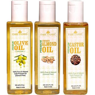                       PARK DANIEL Extra Light Olive Oil and Sweet Almond oil and Castor Oil-100 % Pure and Natural Combo of 3 No.100 ml Bottles(300 ml) Hair Oil (300 ml)                                              