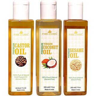 PARK DANIEL Cold Pressed Castor oil, Virgin Coconut oil and Sesame oil Combo pack of 3 bottle of 200 ml(600 ml) Hair Oil (600 ml) PARK DANIEL Cold Pressed Castor oil, Virgin Coconut oil and Sesame oil Combo pack of 3 bottle of 200 ml(600 ml) Hair Oil (600 ml)