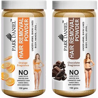                       PARK DANIEL Premium Orange & Chocolate Fragrance Hair Removal Powder- For Underarms, Hand, Legs & Bikini Line(Three in one Use) Combo Pack Of 2 Jars of 150gm (300gm) Wax (300 g, Set of 2)                                              