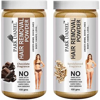                       PARK DANIEL Premium Chocolate + Sandalwood Fragrance Hair Removal Powder- For Underarms, Hand, Legs & Bikini Line(Three in one Use)Combo Pack of 2 Jars of 150gm (300gm) Wax (300 g, Set of 2)                                              
