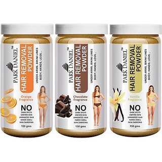                       PARK DANIEL Premium Orange, Chocolate & Vaniila Fragrance Hair Removal Powder - For Easy Hair Removal of Underarms, Hand, Legs & Bikini Line(Three in one Use) Combo Pack of 3 Jars of 150 gms (450 gms) Wax (450 g)                                              