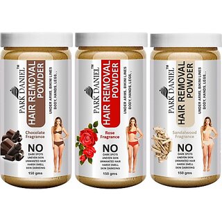                       PARK DANIEL Premium Chocolate, Rose & Sandalwood Fragrance Hair Removal Powder- For Easy Hair Removal of Underarms, Hand, Legs & Bikini Line(Three in one Use) Combo Pack of 3 Jars of 150 gms (450 gms) Wax (450 g)                                              