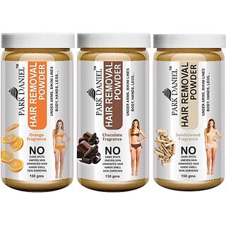                       PARK DANIEL Premium Orange, Chocolate & Sandalwood Fragrance Hair Removal Powder - For Easy Hair Removal of Underarms, Hand, Legs & Bikini Line Combo Pack of 3 Jars of 150 gms (450 gms) Wax (450 g)                                              