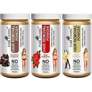                       PARK DANIEL Premium Chocolate, Rose & Vanilla Fragrance Hair Removal Powder- For Easy Hair Removal of Underarms, Hand, Legs & Bikini Line(Three in one Use) Combo Pack of 3 Jars of 150 gms (450 gms) Wax (450 g)                                              