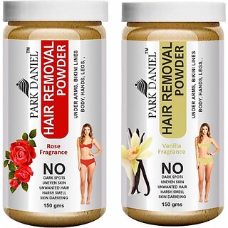                       PARK DANIEL Premium Rose + Vanilla Fragrance Hair Removal Powder- For Underarms, Hand, Legs & Bikini Line(Three in one Use)Combo Pack of 2 Jars of 150gm (300gm) Wax (300 g, Set of 2)                                              