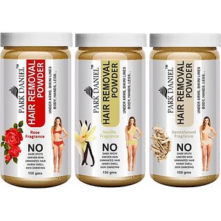                       PARK DANIEL Premium Rose, Vanilla & Sandalwood Fragrance Hair Removal Powder- For Easy Hair Removal of Underarms, Hand, Legs & Bikini Line(Three in one Use) Combo Pack of 3 Jars of 150 gms (450 gms) Wax (450 g)                                              