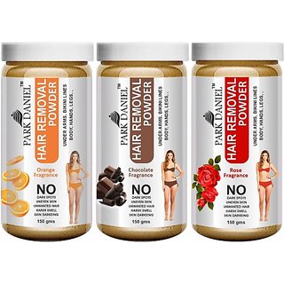                       PARK DANIEL Premium Orange, Chocolate & Rose Fragrance Hair Removal Powder - For Easy Hair Removal of Underarms, Hand, Legs & Bikini Line(Three in one Use) Combo Pack of 3 Jars of 150 gms (450 gms) Wax (450 g)                                              